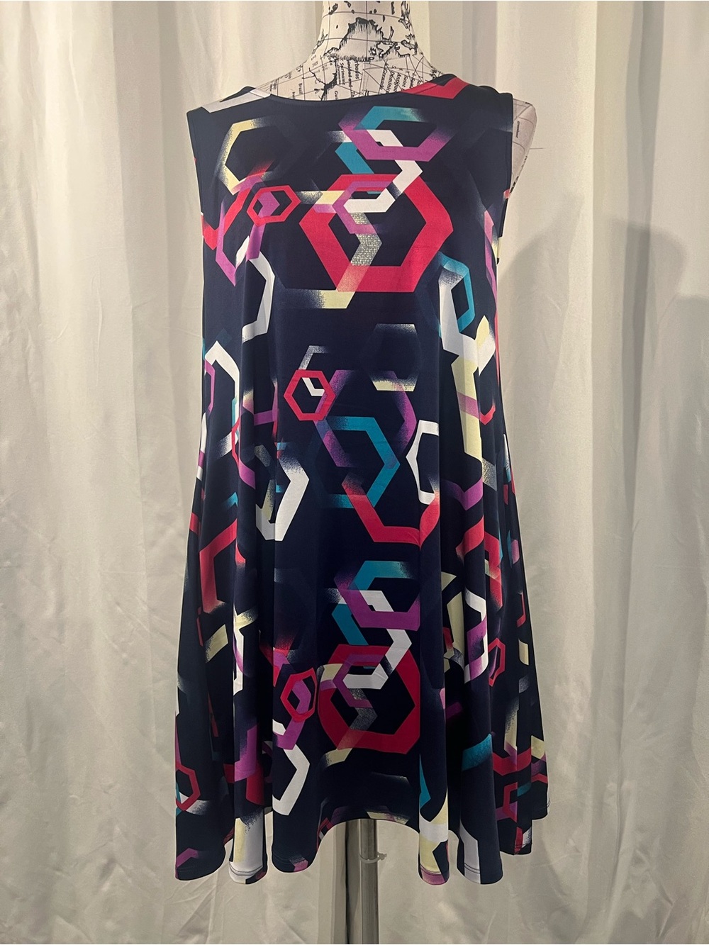 Nina Leonard Navy Geometric Midi Dress with Pink, Teal & White Accents